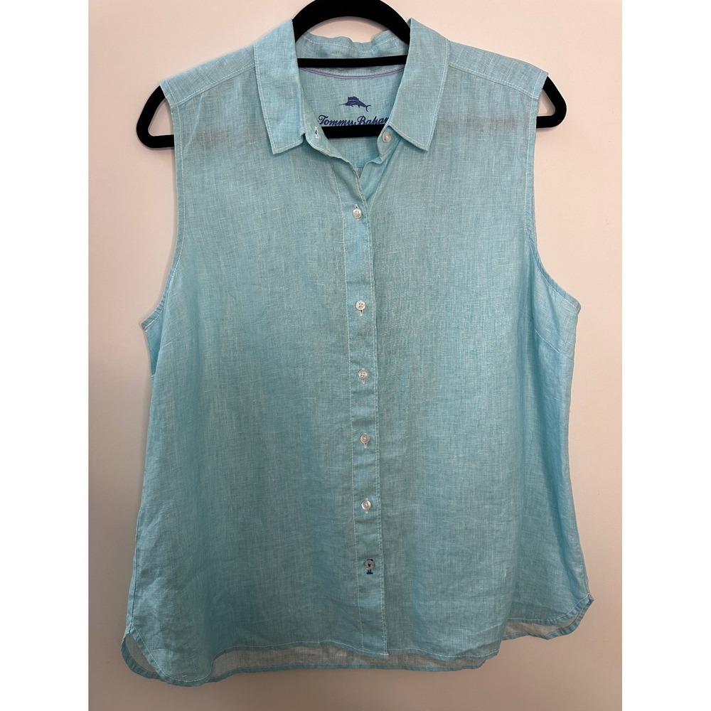 Tommy Bahama Sea Glass Breezer Sleeveless Linen Shirt Blue Large Vacation Top - Picture 2 of 9